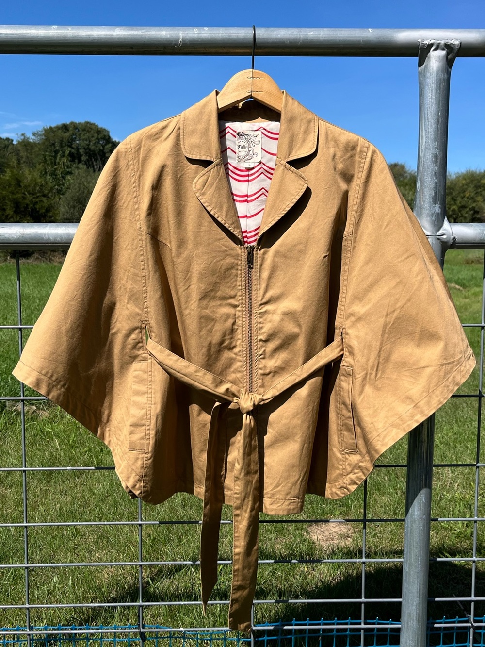 Y2K Tulle Zip-Up Belted Cape Poncho Tan Khaki Twee Retro Academia Fall